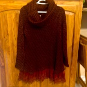 Cowl neck sweater with lace hem. Large but fits more like a loose medium